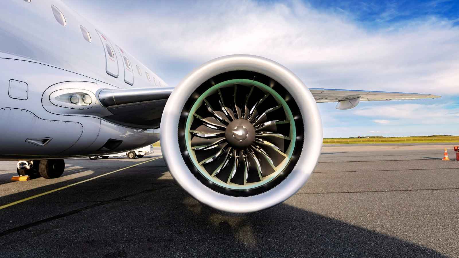 Close-up view of a jet engine turbine, symbolizing technical expertise sought by aerospace recruitment